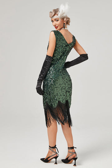 Abito Gatsby con scollo a V con paillettes verde scuro con frange